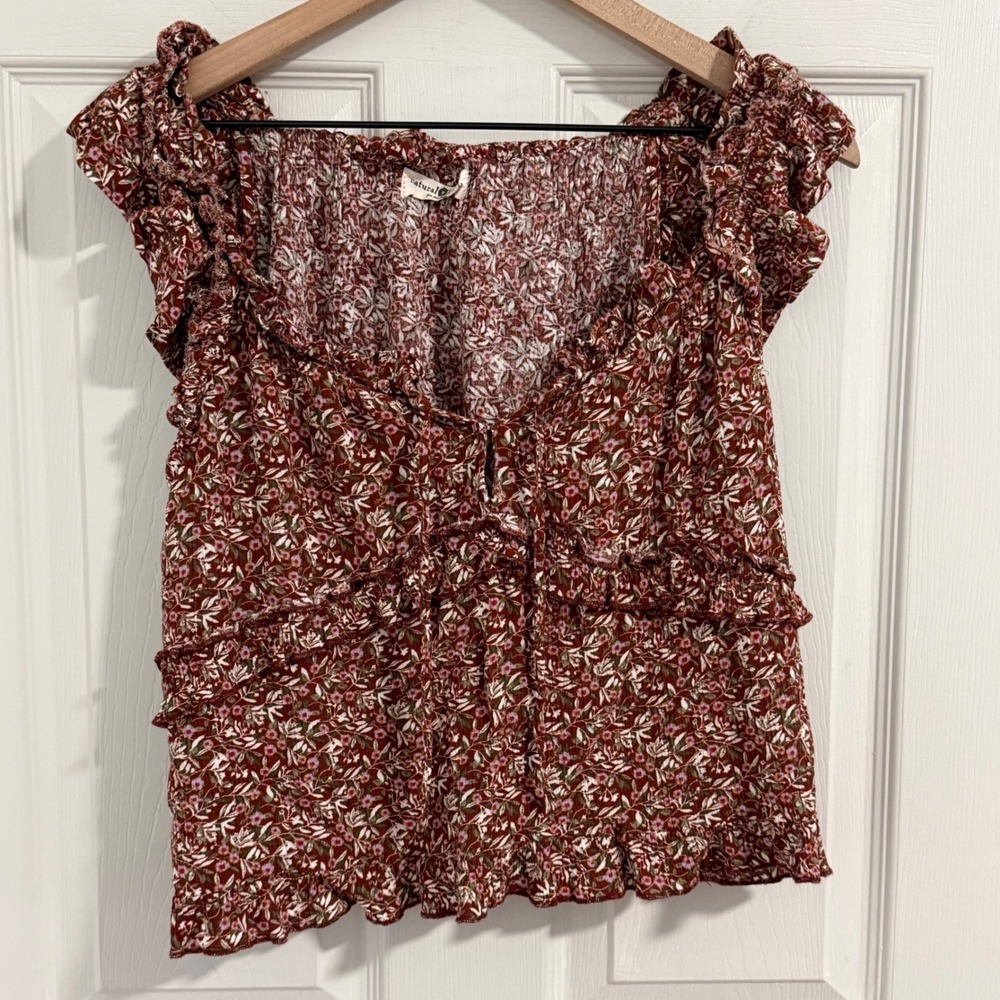 Natural Life Blouse Womens Large Floral Ruffle Smocked Cottagecore Boho Peasant